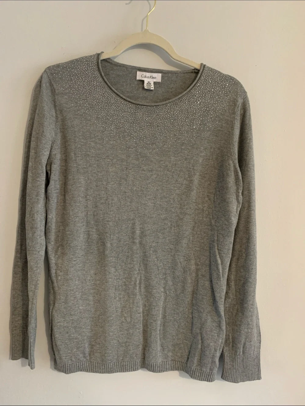 CALVIN KLEIN Light Gray Rhinestone Crewneck Sweater